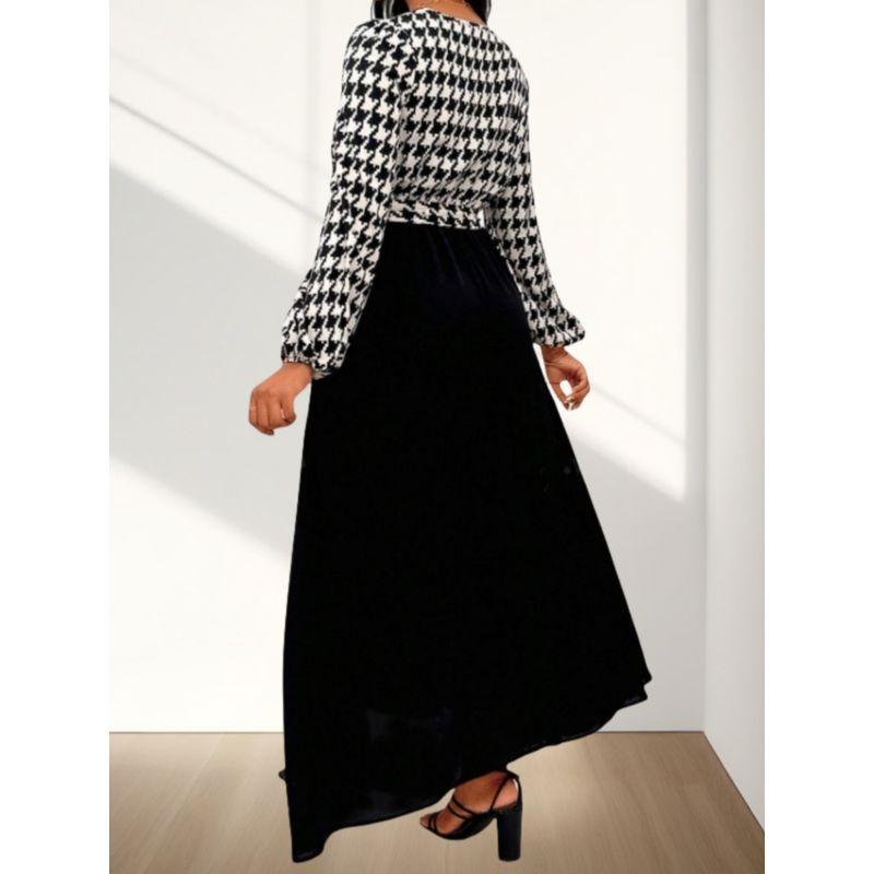 Autumn New Arrival Fashion Fashion Commuter Ol Waist-Tight V Neck Houndstooth Patchwork Mid Length Long Length Long Sleeves Dress Dress