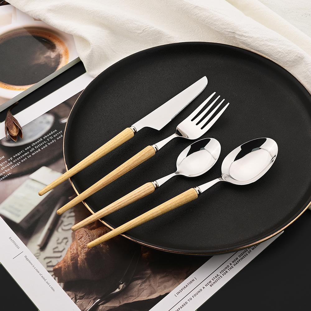 

4/5/6Pcs 304 Stainless Steel Wooden Handle Flatware Cutlery Set Dinnerware Western Tableware Knife Fork Tea Spoon Silverware