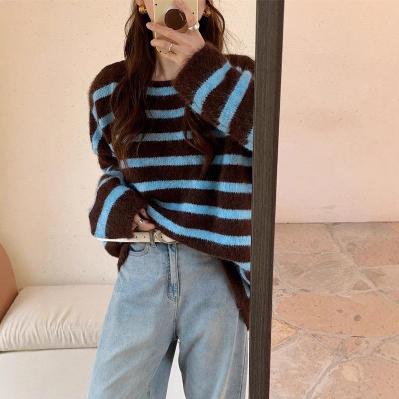 

Модный полосатый пуловер с сочетанием цветов, женский осенне-зимний новый вязаный свитер свободного ретро-ленивого стиля, топ, тренд average size