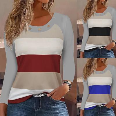 Spring Autumn Fashion Women's Color Blocking T-Shirt Round Neck Long Sleeved Button Pullover Ladies Casual T-Shirt Top