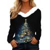 Women's Fashion Long Sleeve Christmas V-Neck Printed Party Furry Top