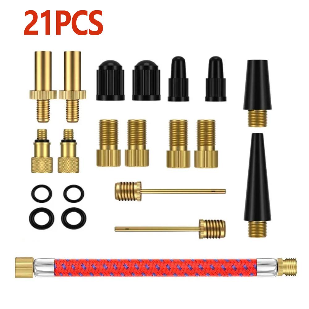 

21 Pcs Copper Bicycle Valve Adapter Set SV/AV/DV Pump Adapters Air Hose Adapter for Road Bike Inflator Pump Accessory Kit