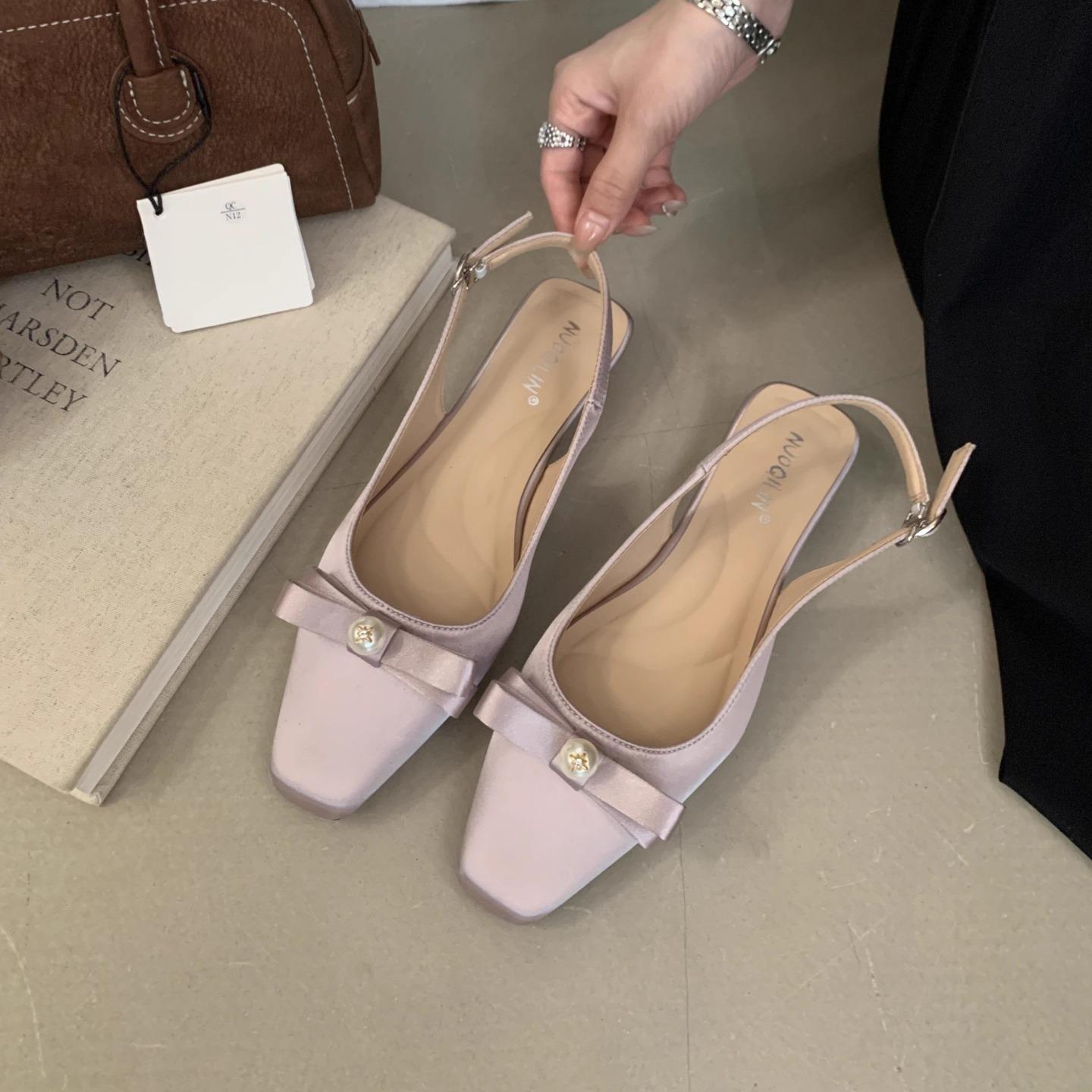 

2025 new fashionable versatile square head flat bottom empty single shoes women s bow shallow mouth ladyshoes women s bag head sandals 39