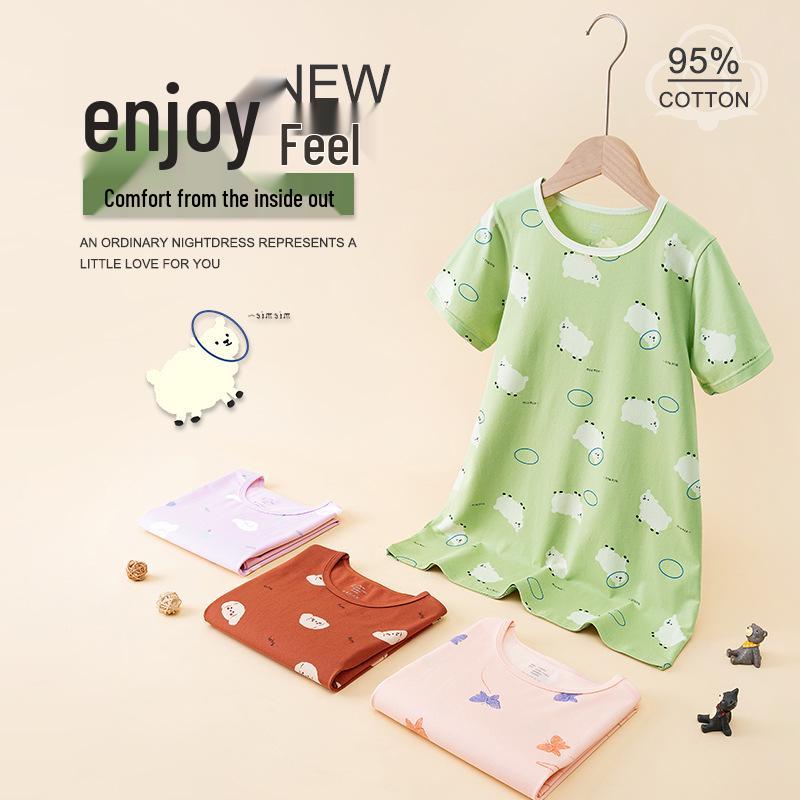 Girls' Antibacterial Cotton Cartoon Pajamas - Short Sleeve Summer Nightgown