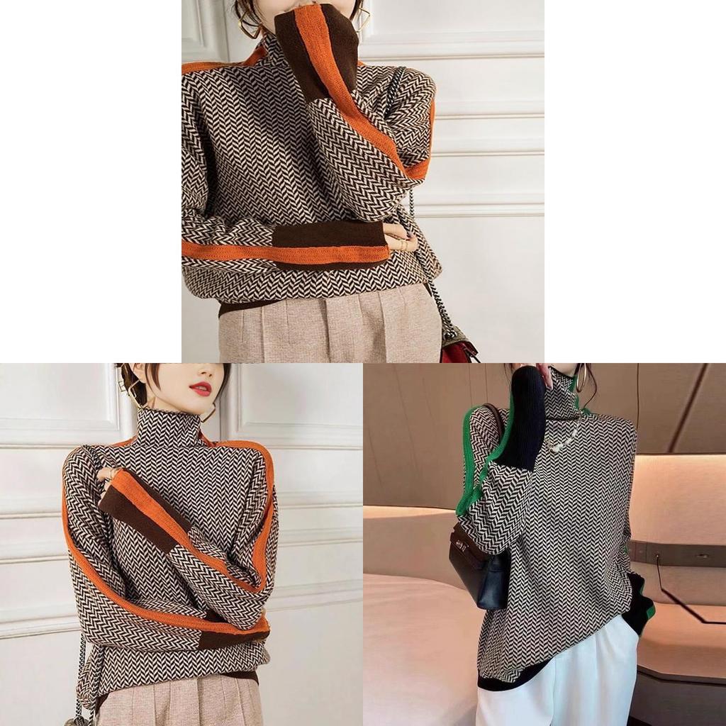 Geometrischer Strickpullover mit Farbblock-Kanten für Damen Herbst