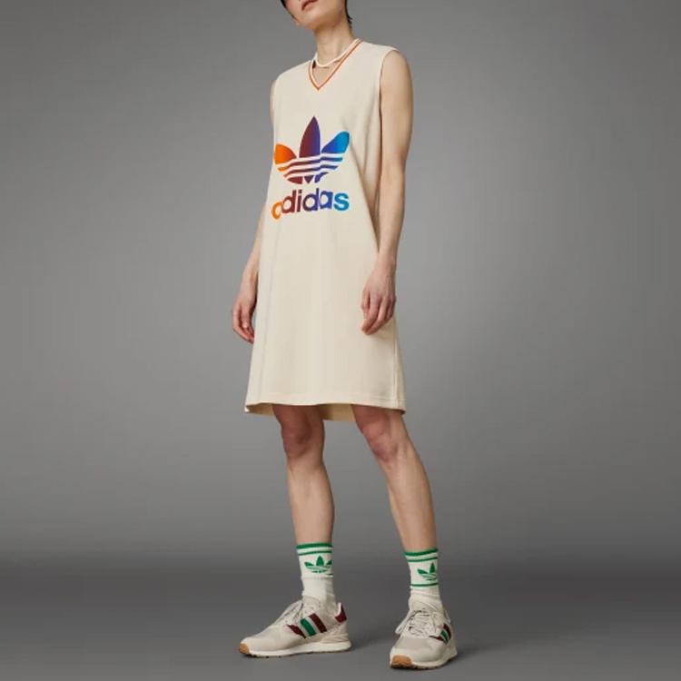 Adidas Originals 70S Logo Letter Print V-Neck Sleeveless Dress Women Dress Beige IK7862
