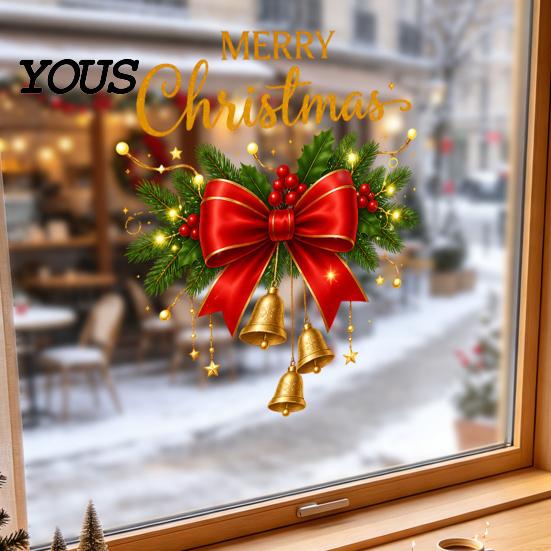 Winter Holiday Gift Nutcracker Soldier/Bow Window Static Decals, Waterproof PVC Christmas Stickers, Party Supplies Reusable Wall Stickers for