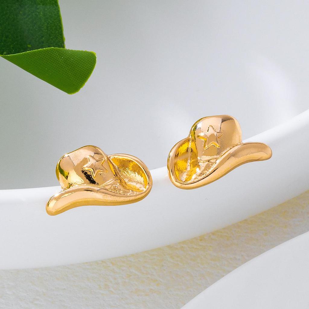 Stylish Gold Retro Denim Hat Earrings: Unique Niche Design with Light Luxury Backs