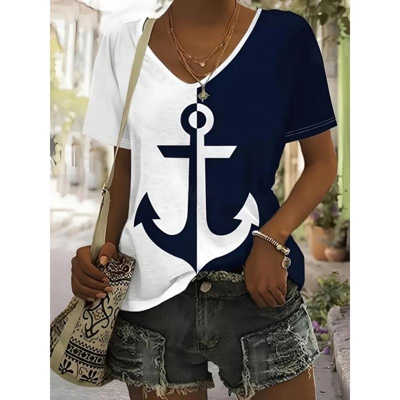 

Women s T-Shirt Ocean Fashion Casual Short Sleeve V-Neck Regular Top Daily Weekend Print Blue Summer Spring S