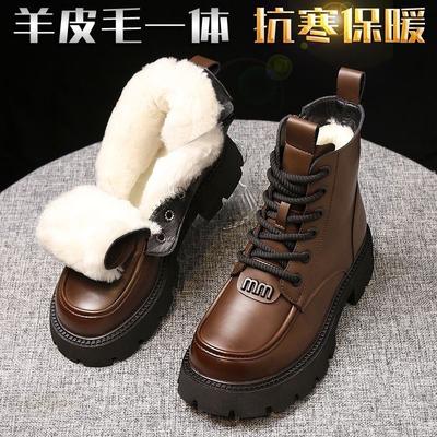 Pelzintegrierte Schneestiefel Damen Winterwolle Martin Stiefel Damen Retro Dicksohlige Thermische Baumwollschuhe Gefütterte Verdickte Baumwollstiefel