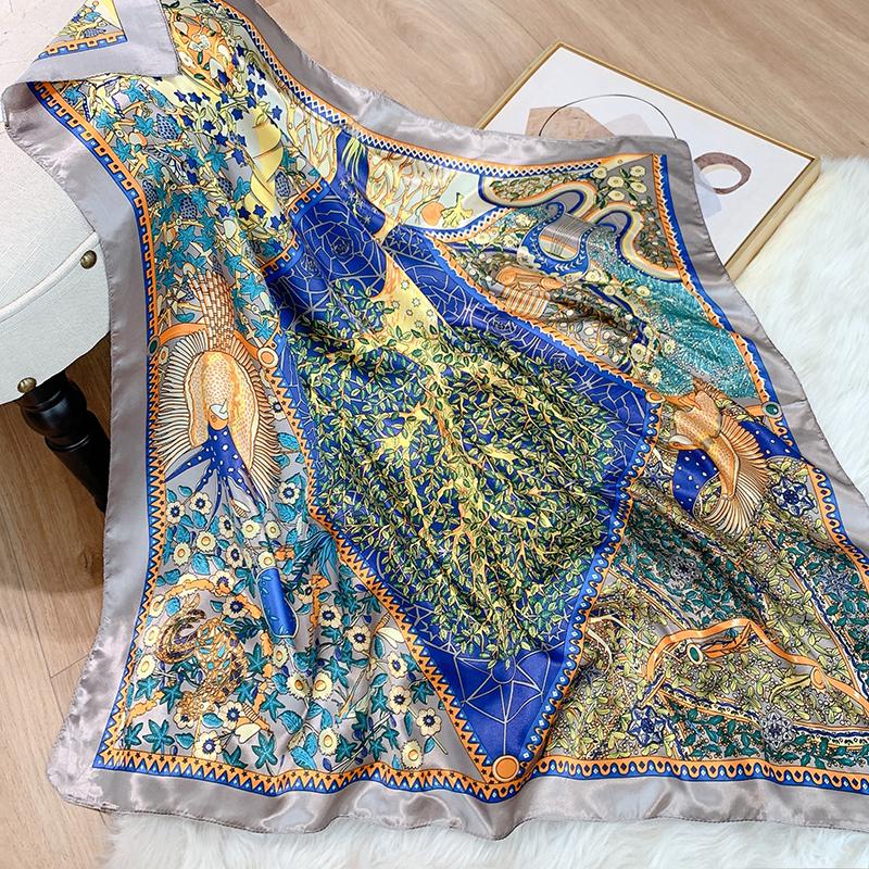 Luxury Brand Foulard Neckerchief Shawl Wraps Print Silk Satin Scarf Square Women Muslim Hijab Elegant Headband Bandana