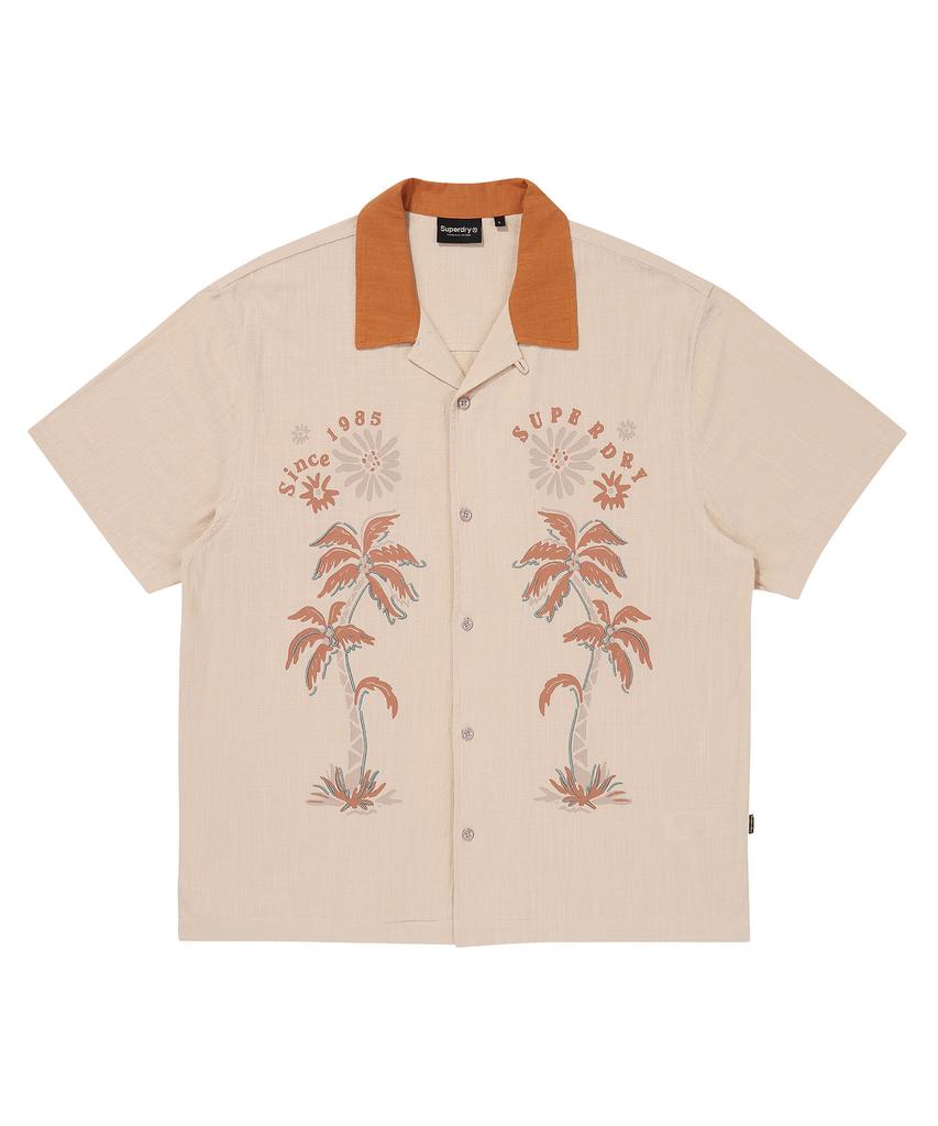 Syupeodeulai Palm Tree Open Collar Pattern Shirt Light Beige