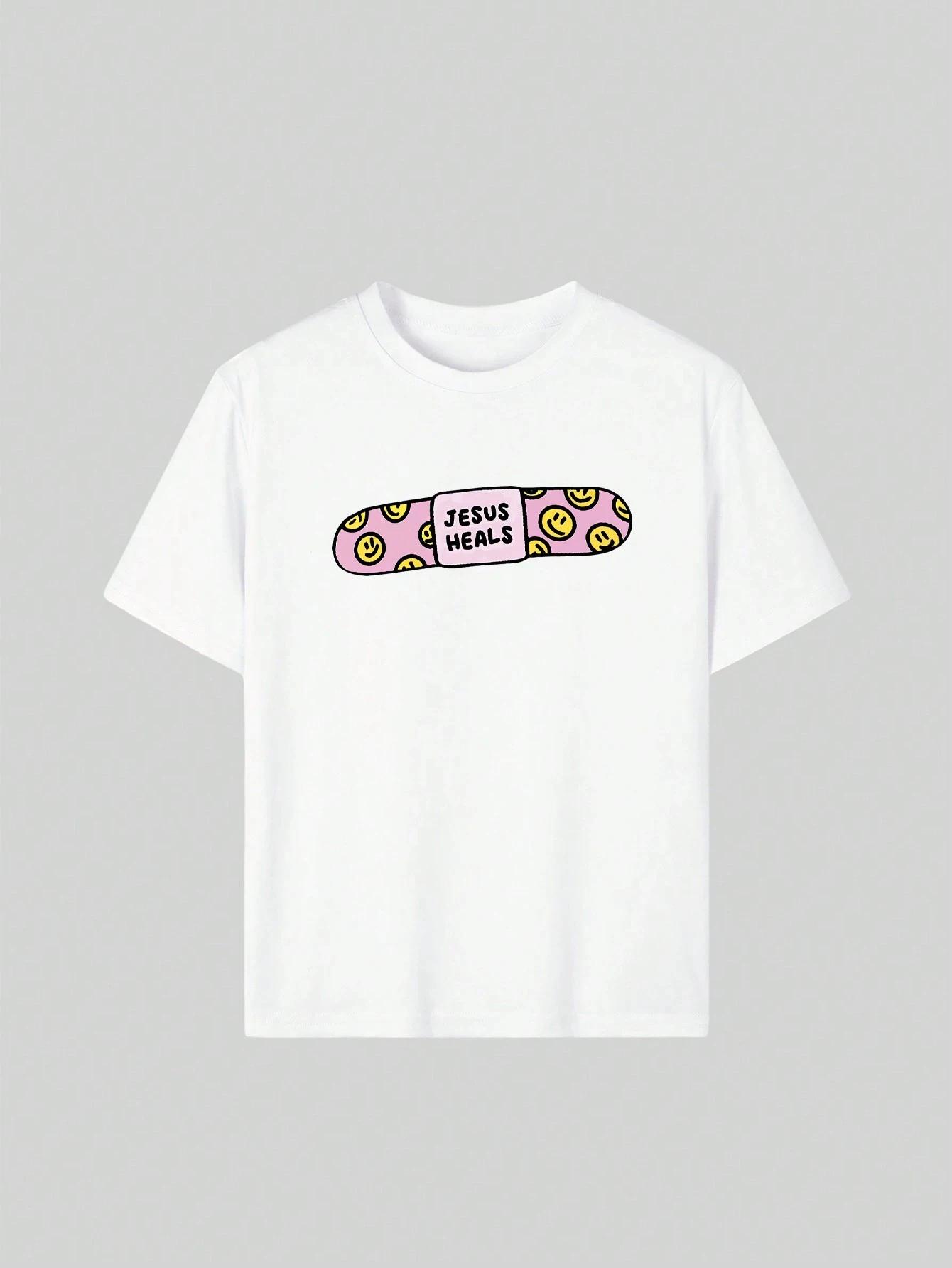 

Y2k Trendy Shirt Jesus Heals Smiley BandAid Design Letter Print Short Sleeve Women Round Neck TShirt Spring Summer Harajuku 4XL