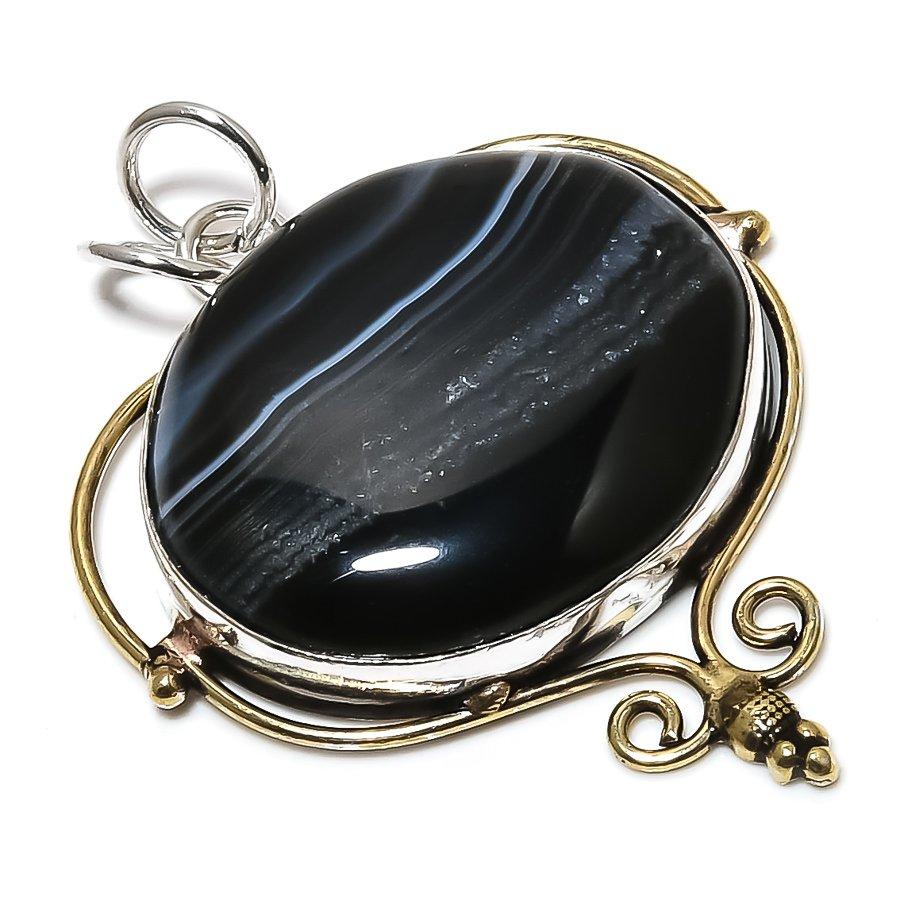 

Двухцветный кулон из стерлингового серебра 925 пробы с натуральным полосатым агатом 2,01 дюйма G0B68