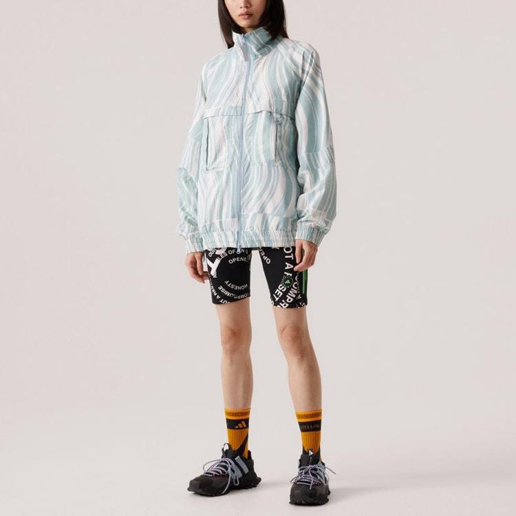 Adidas Stella McCartney Collaboration Striped Pattern Full Print Stand Collar Long Sleeve Jacket Women Jacket White HT1102