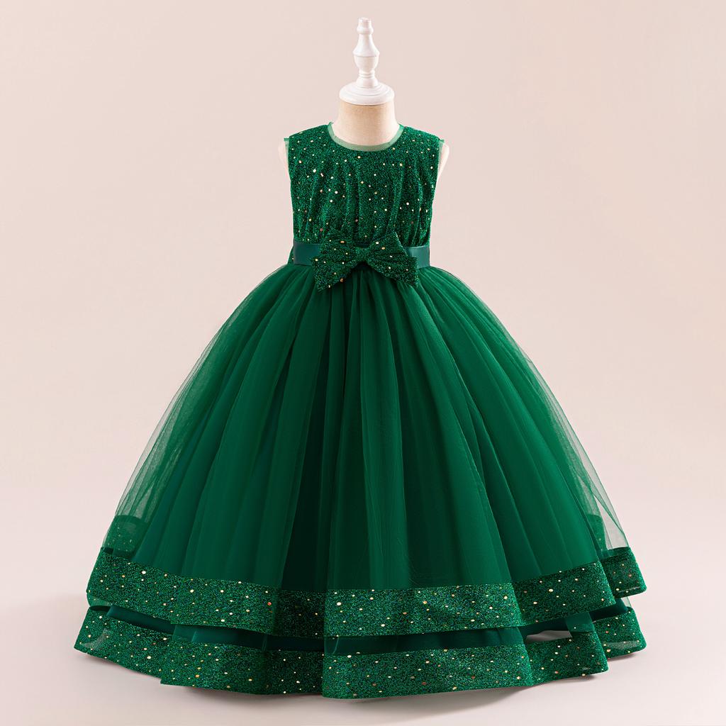 Flower Girl Princess Dress For Weddings Kid Formal Bow Long Gown For School Evening Party Children New Year Cloth