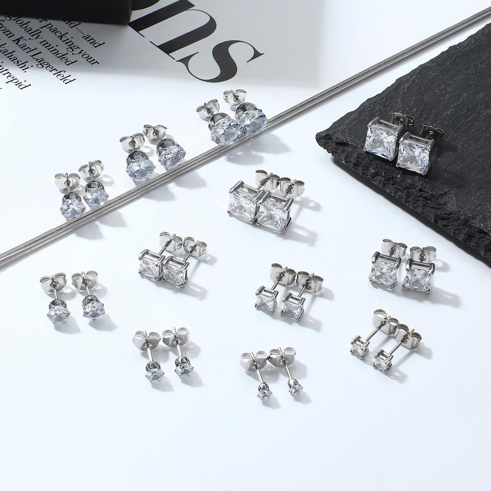 1-2 Pairs Hypoallergenic 316L Stainless Steel Square Round CZ Stud Earrings Sensitive Ear Studs Jewelry Set for Men Women 3-8MM