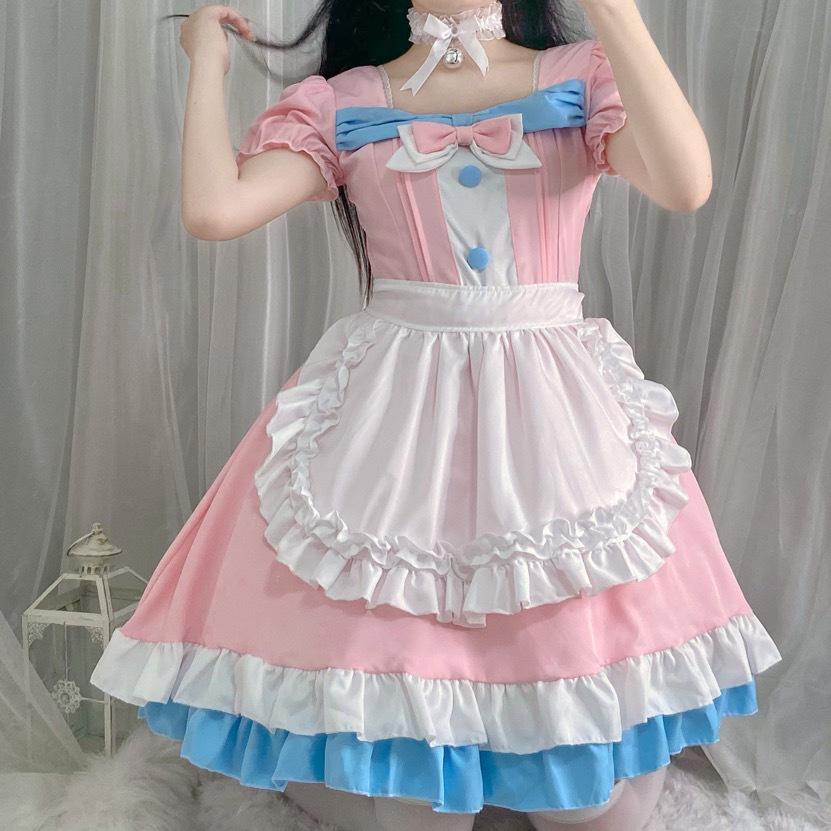 Café Style Cute Lolita Maid Outfit - Pink & Blue Bow Dress for Women
