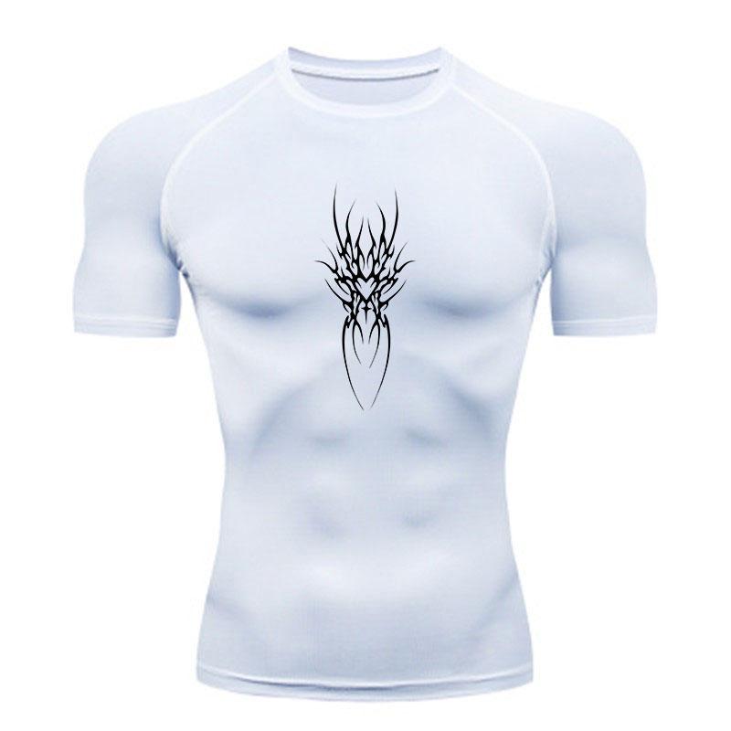 Men Compression Workout T-shirt, Tribal Flame Totem Graphic Print Breathable Quick Dry Sports Shirt for Gym Training Running Fitness Activities