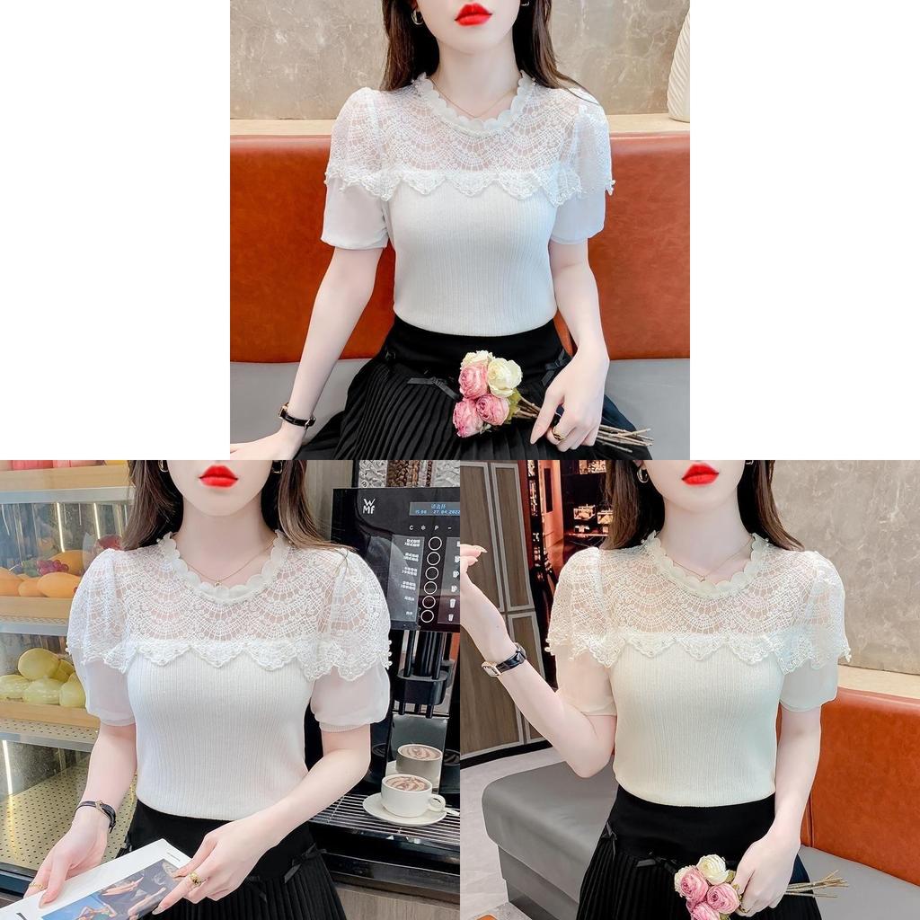 Designer Pearl Embellished Lace Spliced Chiffon Blouse For Summer Casual Wear