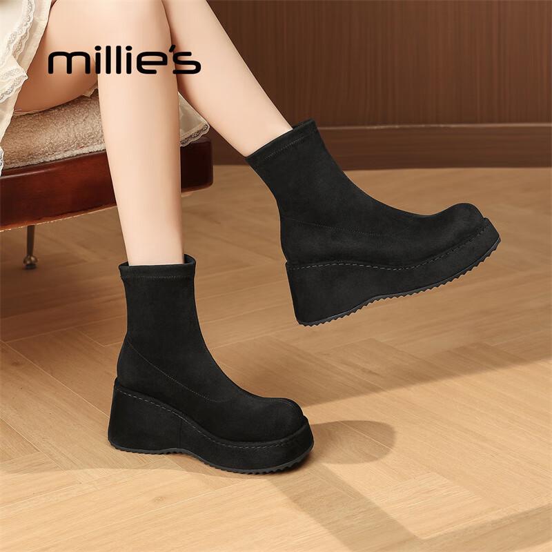 Millies Women s Elastic Platform Wedge Ankle Boots 36