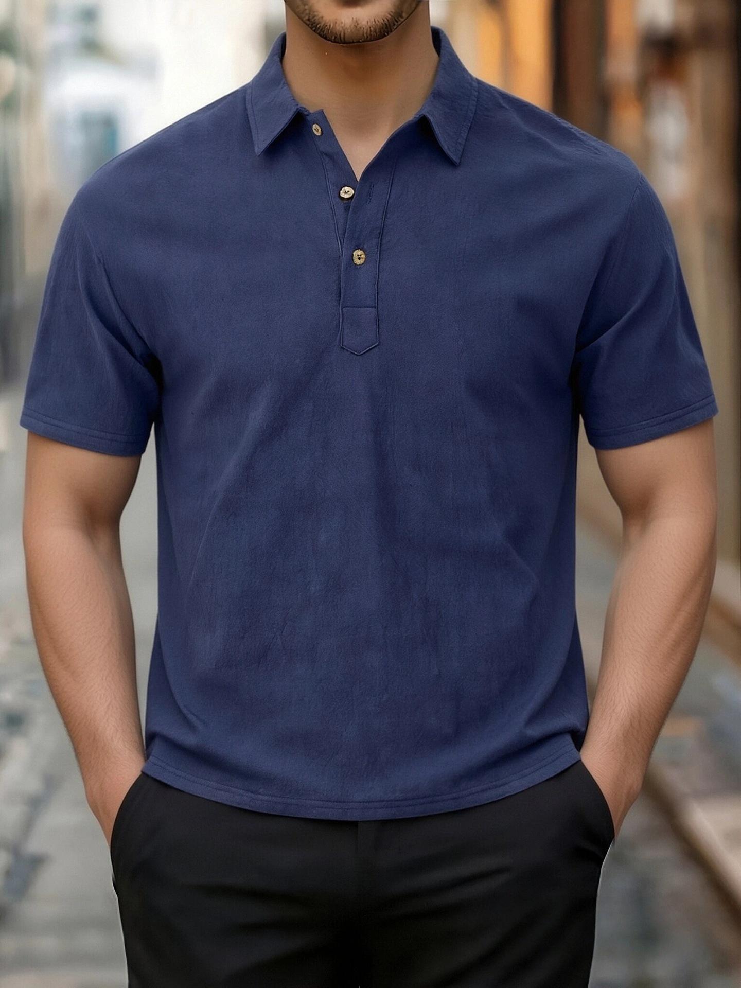 Mens Casual Cotton Linen Collared Short Sleeve Half Button T Shirt S