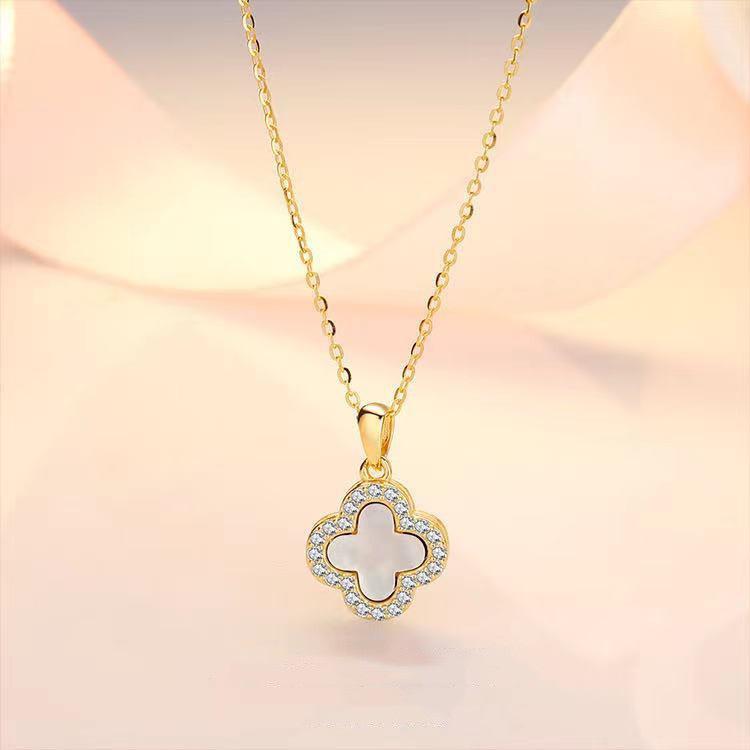 Elegant Black & White Four-Leaf Clover Double-Sided Necklace - French Style Trendy Clavicle Chain