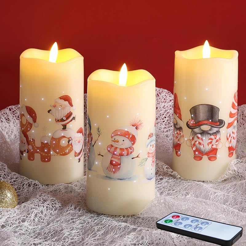 Eywamage Fiber Optic Flameless Candles with Remote, Cardinal Gingerbread Candy Canes Candles Flickering LED Pillar Candles Set of 3