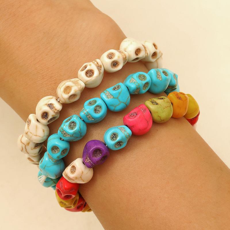 Buntes Gothik Totenkopf Perlenarmband Elastisch Dehnbar Skelett Schmuck Ideales Geschenk für Punk Liebhaber Party Accessoire