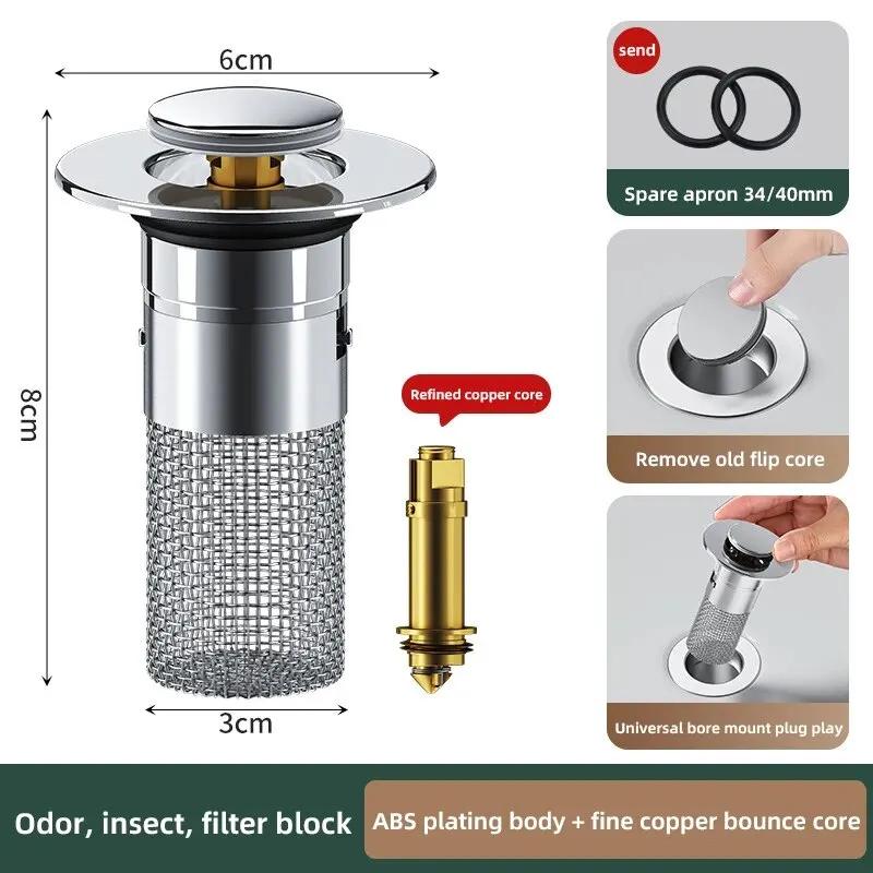 

1Pcs Washbasin Leak Plug, Stainless Steel Odor Proof Bouncing Core, Press Type Sink Drain, Universal Accessory For Washbasin
