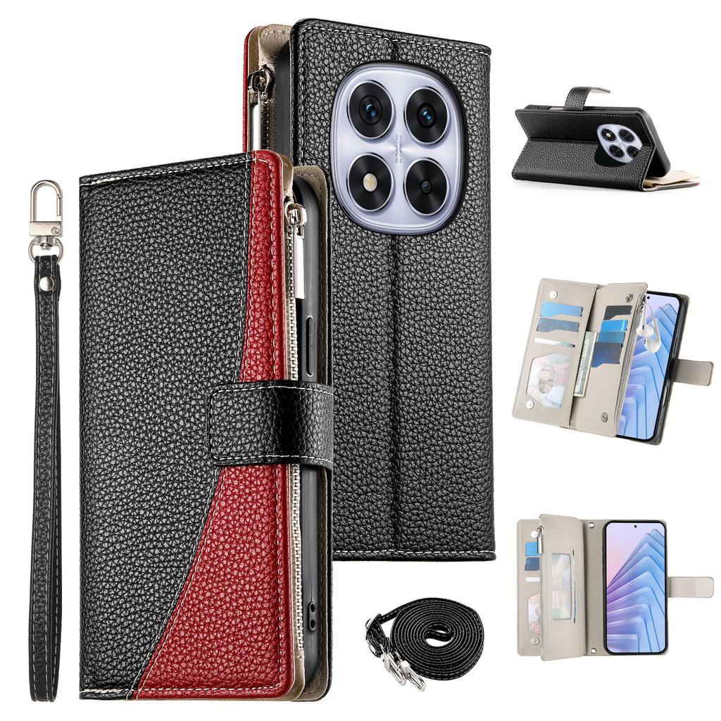 For Xiaomi Redmi Note 14 Pro 5G Case Zipper Wallet Color Splicing Leather Flip Phone Cover with Straps