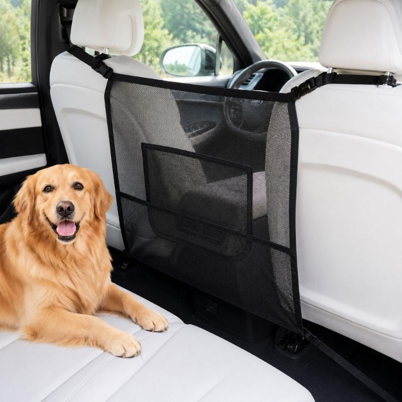 Dog Car Barrier Mesh Screen with Rear Seat Divider, Headrest Mount, Center Pocket and Cabin Partition for Daily Driving, 69 X 59 Cm