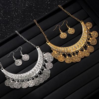 Set 2 Pezzi/Set Collana Orecchini Set Catena Regolabile Motivo Intagliato Retro Moneta Nappe Collana Sposa con Strass Intarsiati Gioielli Regalo
