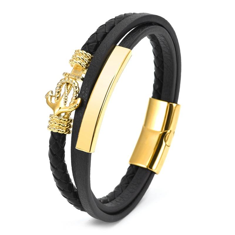 2026 Плетеная Позолоченная Кожаная Браслет-Якорь Магнитная Застежка Многослойный Кожаный Браслет Мужской 20CM золотой