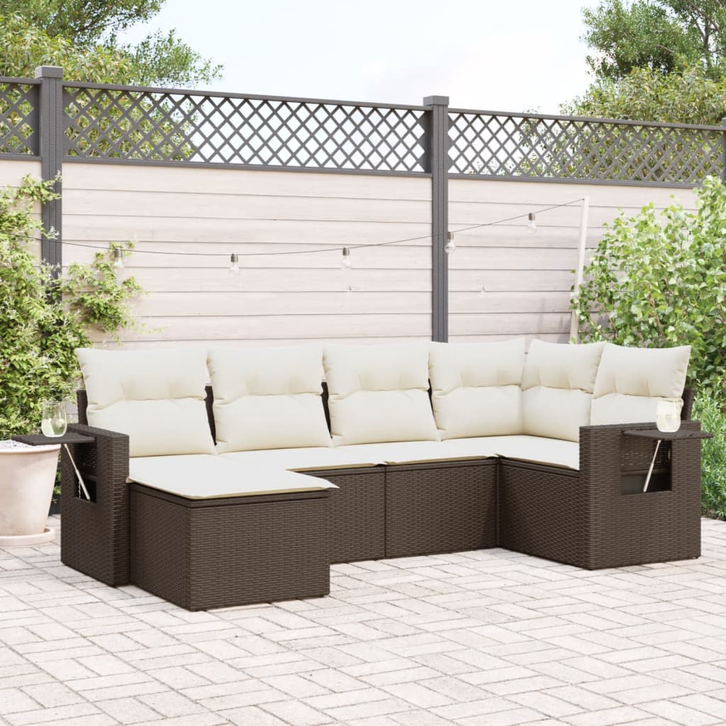 6 Piece Garden Sofa Set with Cushions Brown Poly Rattan