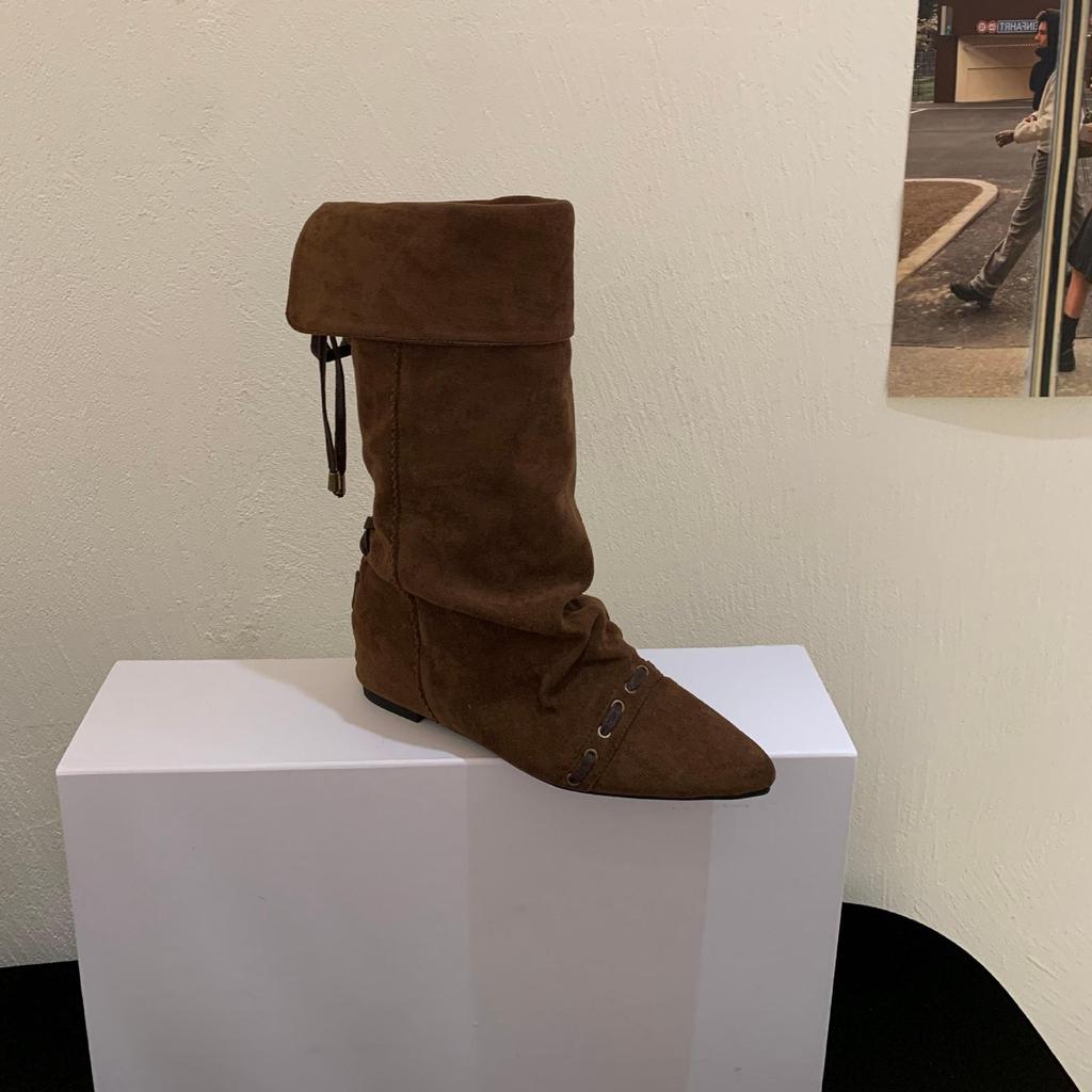 Design sense Spice girl wedge trouser boots autumn and winter new pointed but knee mid-heel fashion boots temperament fashion boots