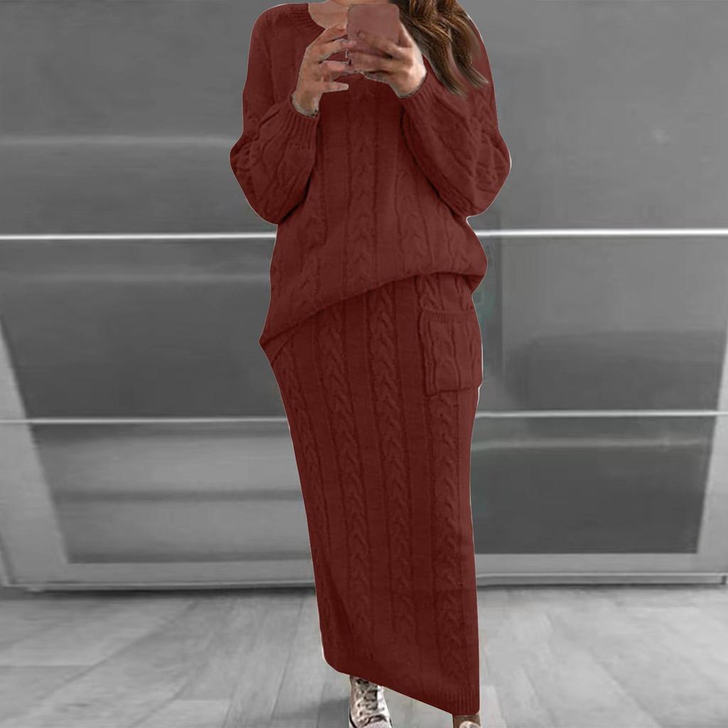 Women Autumn Winter Twist Crop Sweater Hip Skirt Knit Set for Laides Solid Color Slim All Match Two Piece Set