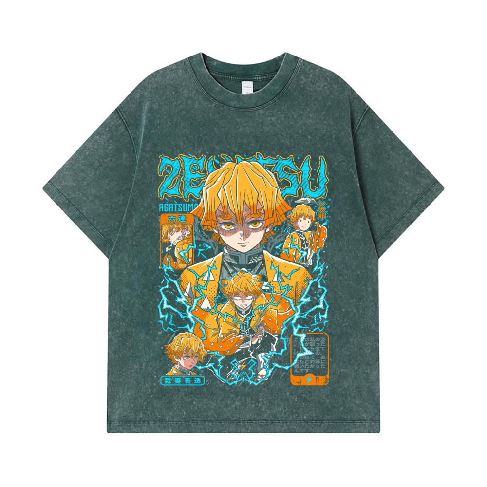 275 GSM Washed T-shirts 100% Cotton Demon Slayer V100 Zenitsu Print Unisex Heavy Cotton T Shirt
