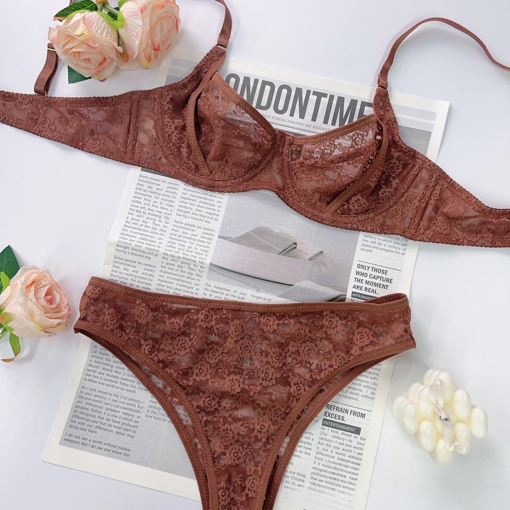Set de lenjerie intimă franțuzească sexy pentru femei Set de sutien cu broderie din dantelă ultra subțire, confort de vară, sutien respirabil și seturi de lenjerie cu spatele T