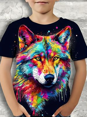 Sommer Neues Cooles Wolf Grafik T-Shirt Für Jungen - 3D Digitaldruck, Lässiges Stretch-Tee Für Sommerausflüge