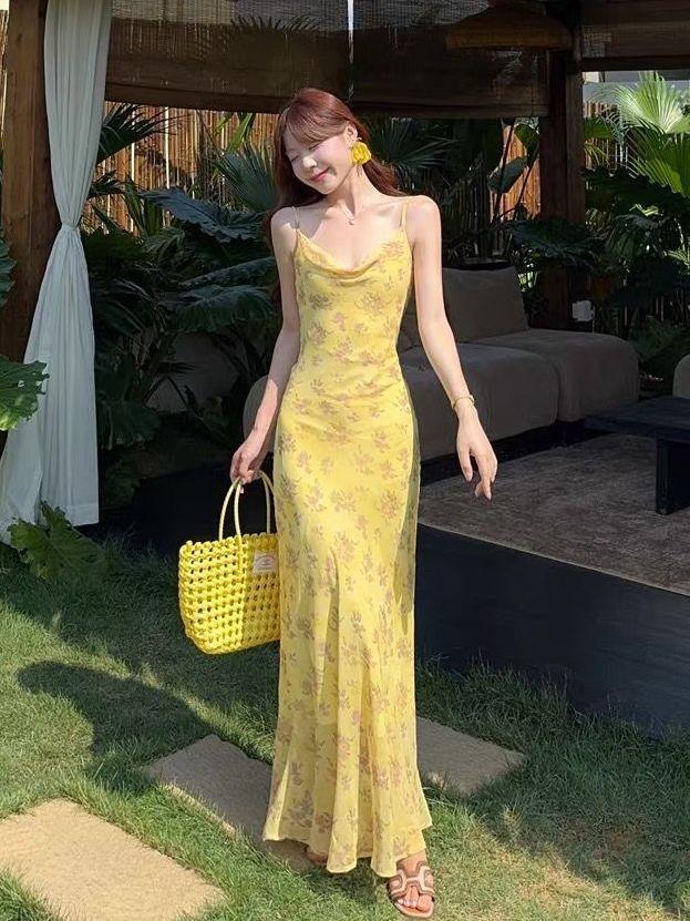 French pure desire style yellow floral suspender dress women's summer new waist and thin temperament long skirt