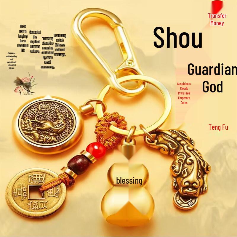Pixiu Guardian Brass Pendant: Five Emperors Coins & Zodiac Buddha Keychain for Wealth & Protection
