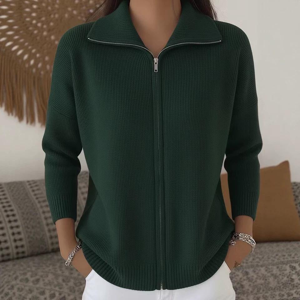 2026 Autumn/Winter Women's Lapel Zipper Cardigan Sweater - Solid Color