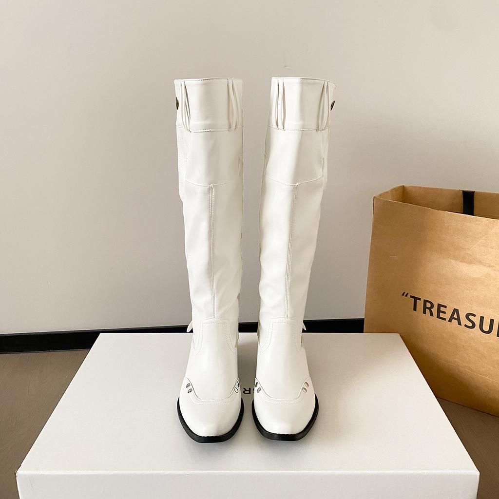 Big tube around boots women spring and summer leather babes but knee boots pointed thick heel black pile boots women