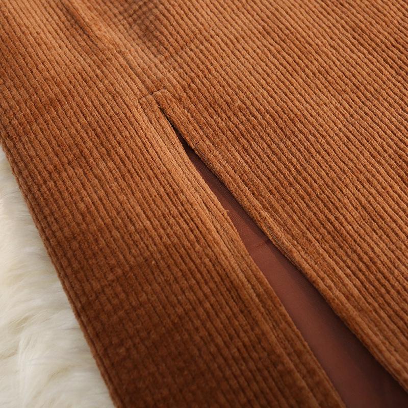 Hong Kong Style High-Waist Corduroy Split Midi A-Line Skirt with Belt for Women - Autumn/Winter