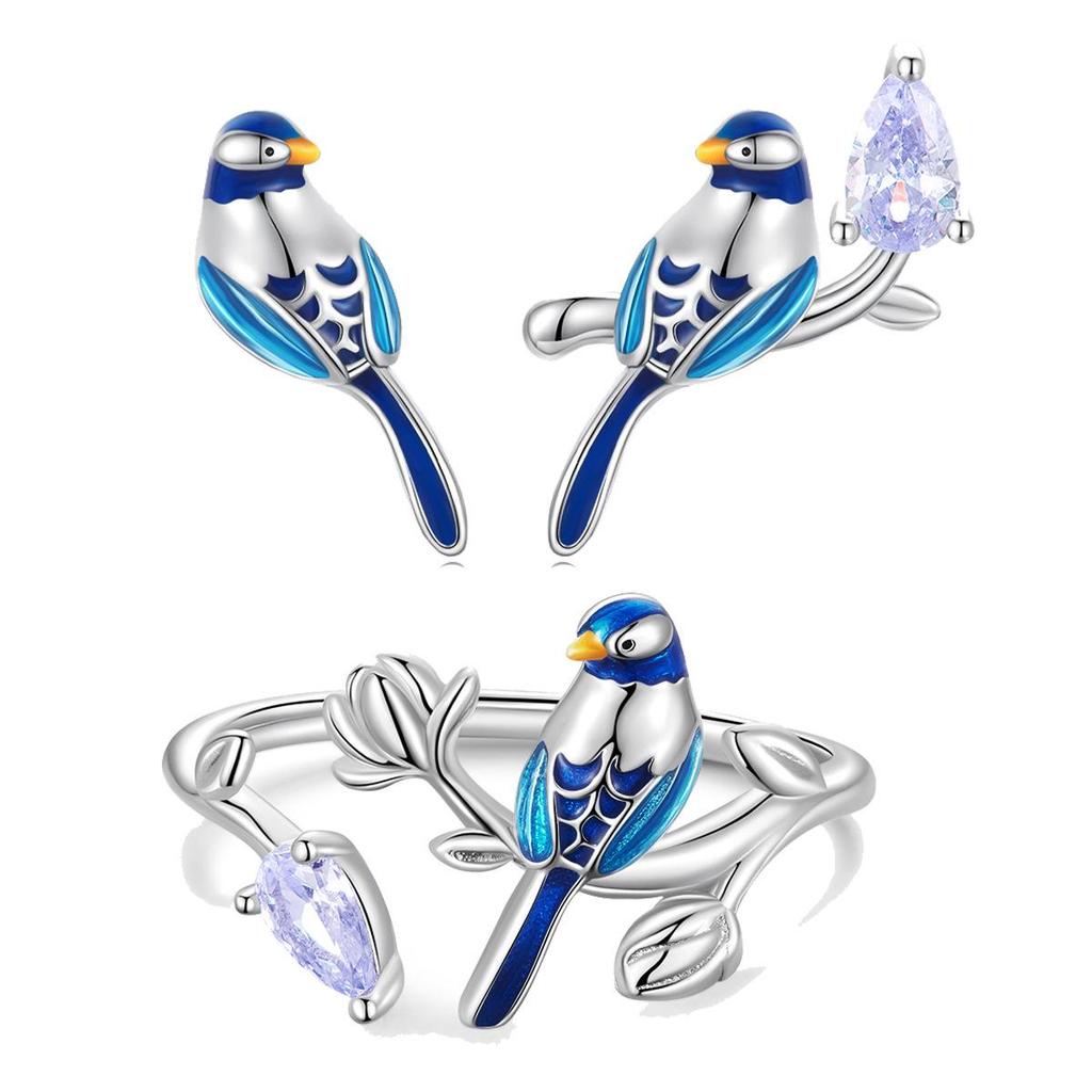 Silver Blue Bird Earrings & Ring Set - Unique 925 Sterling Design