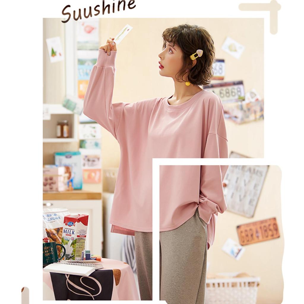 ZUEVI Pajama Long Solid Check Loose Pink and Gray Women's Set, Sleeves, Pair, Cotton, Colors, Pattern, Fit, Spring, Summer, Fall, (ZJP0024PG-XXL)