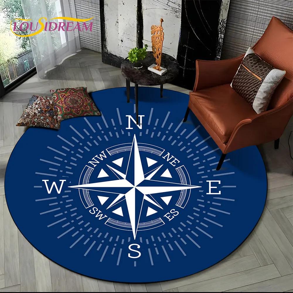 3D Retro Kompass Serie Kreis Teppich,Runder Teppich für Wohnzimmer Schlafzimmer Sofa Fußmatte Dekor Rutschfeste Bodenmatte Geschenk