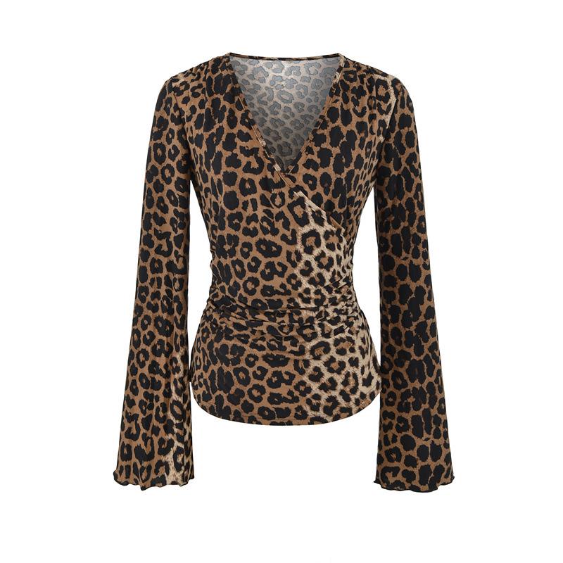 Women s Elegant Autumn Leopard Print Flare Sleeve Deep V-Neck Waist-Cinching Sexy T-Shirt Large цветной печати леопарда