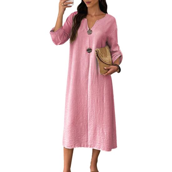 Sommer Baumwollkleid für Damen Langarm V-Ausschnitt Fließendes Langes Kleid Lässig Strandurlaub A-Linie Sommerkleid